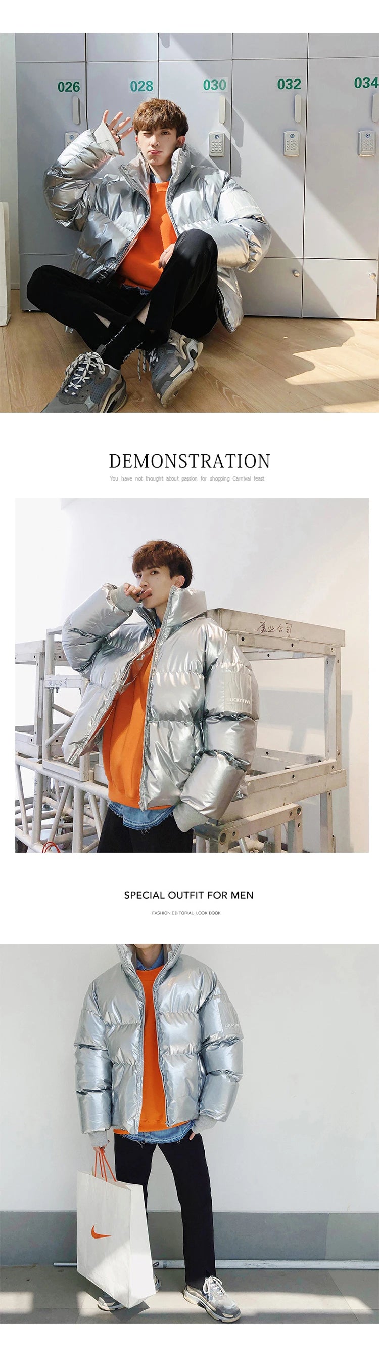 Winter Jacket Men Parkas Thicken Warm Coat Stand Collar Oversize Parkas Bright Leather Fabric Jacket Korean Style Padded Coat