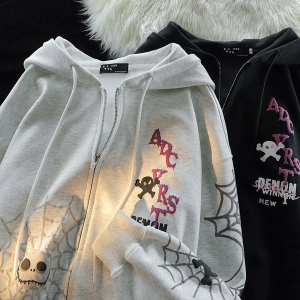 American Spider Retro Ins Printed Cardigan Hooded Sweatshirt Plus Velvet Thickened Men and Women Y2K Trendy Brand Couple Jacket