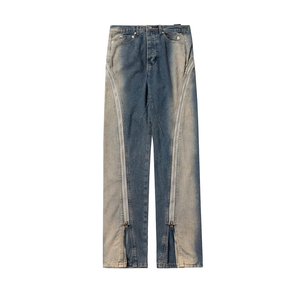 Ro Style Gradient Blue Horn Stacked Floor Dragging Jeans Unisex Streetwear Baggy Y2K Ribbons Zipper Denim Trousers Oversized