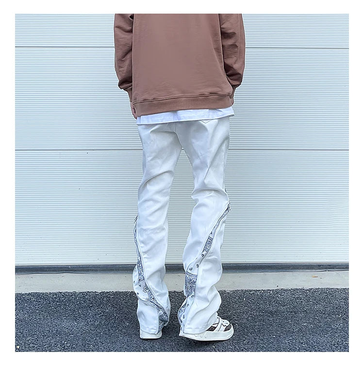 high street black white straight zipper becomes slightly flared denim jeans harajuku casual hip hop cashew flower jeans for men unique jeans style 4408