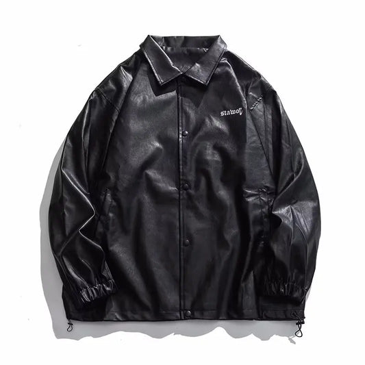 Mens Leather Bomber Jacket Women Hip Hop Letter Motorcycle Loose Casual PU Coat Unisex High Street Racing Varsity Black Outwear