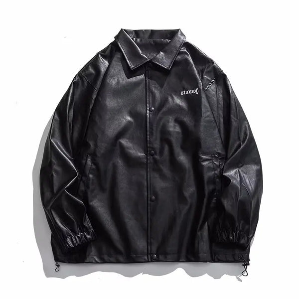 Mens Leather Bomber Jacket Women Hip Hop Letter Motorcycle Loose Casual PU Coat Unisex High Street Racing Varsity Black Outwear