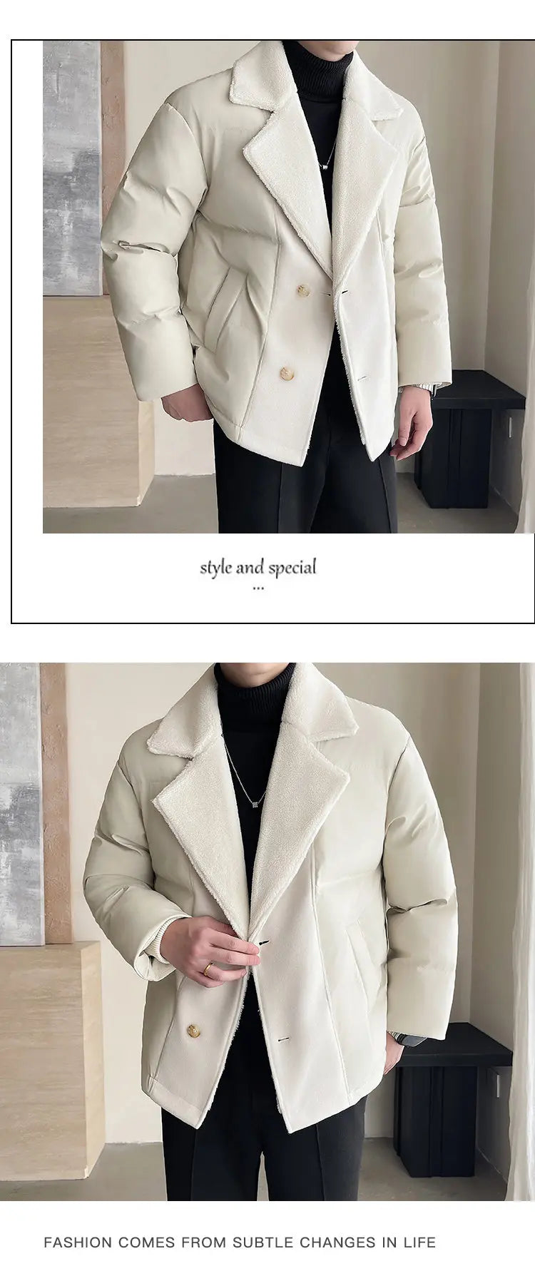 Men Winter Faux Fur Collar Splice Leather Business Casual Cotton-padded Jacket Streetwear Fashion Loose Leather Parka Coat