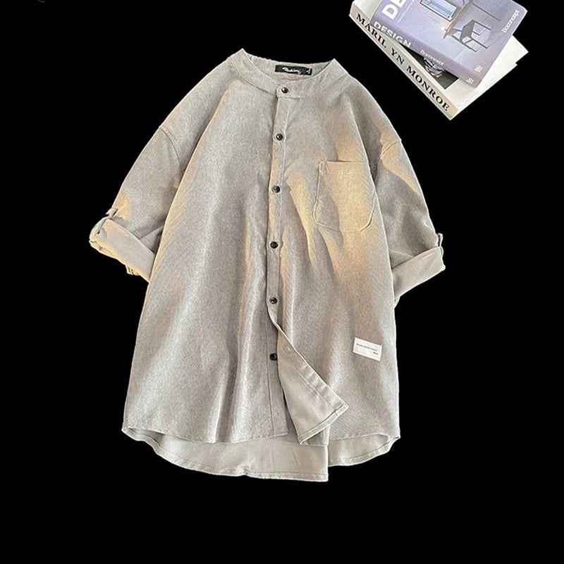 Cardigan Japanese Style Solid Color Short Sleeve Shirts Turn-down Collar Casual Loose Blouses