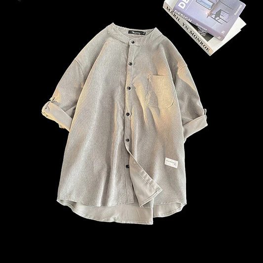 Cardigan Japanese Style Solid Color Short Sleeve Shirts Turn-down Collar Casual Loose Blouses