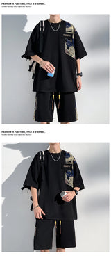 Embroidered Set Summer Fashion Short Sleeve Shorts Fake Pocket Design Tshirt New Punk Suit for Men Women Street Clothes