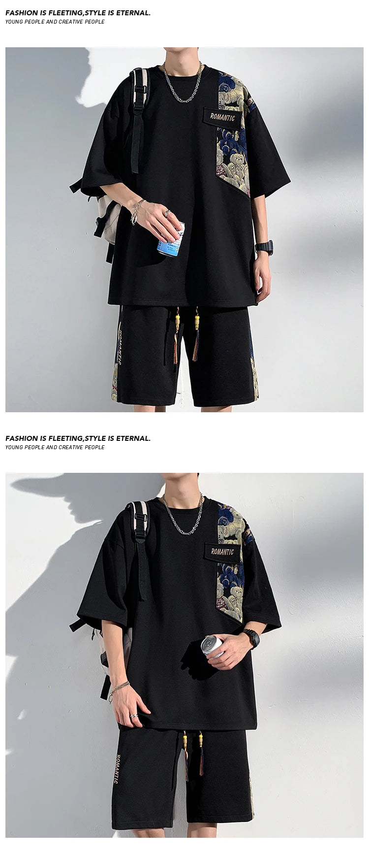 Embroidered Set Summer Fashion Short Sleeve Shorts Fake Pocket Design Tshirt New Punk Suit for Men Women Street Clothes