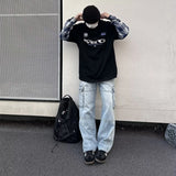 street japanese mens set embroidered fake two piece patchwork tops hip hop washed jeans 2 piece harajuku suits y2k streetwear ripped baggy denim