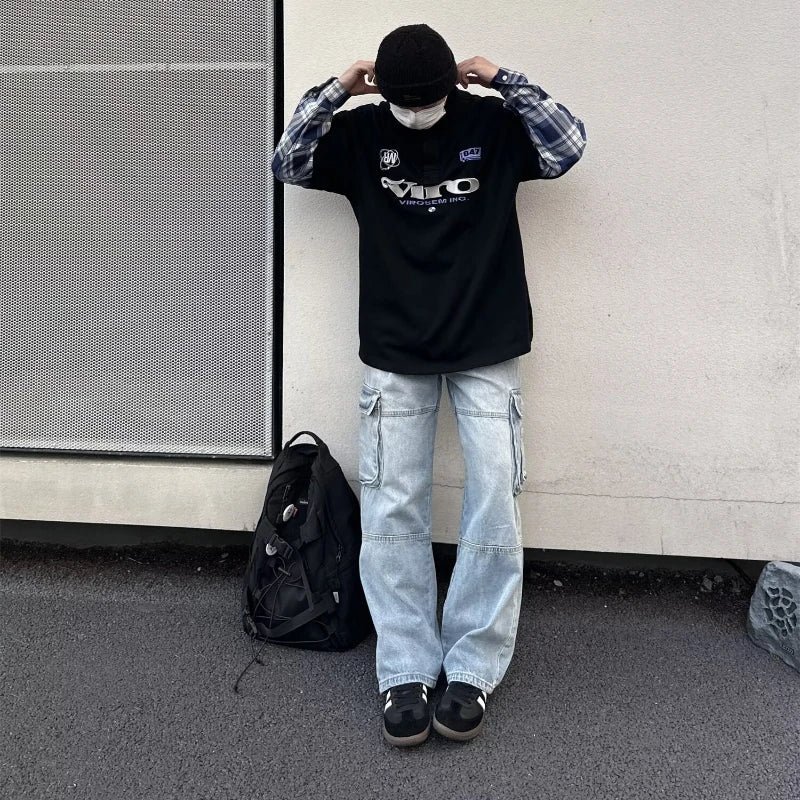 street japanese mens set embroidered fake two piece patchwork tops hip hop washed jeans 2 piece harajuku suits y2k streetwear ripped baggy denim