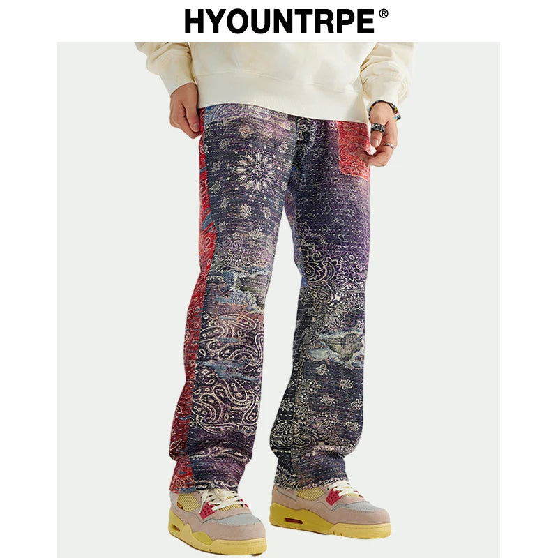 hip hop paisley printed denim jeans mens new casual zipper straight jeans streetwear high street loose pants baggy jeans joggers urban active pants