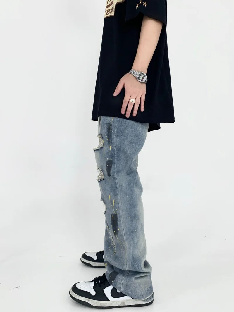 graffiti printed ripped destroied straight denim jean men hip hop distressed biker jeans fashion casual high street pants jogger casual joggers