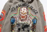 Punk Hoodie Men Streetwear Hip Hop Skull Skeleton Print Gothic Fleece