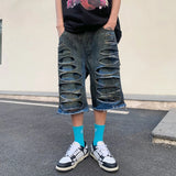 destroy ripped big holes spliced denim jeans shorts hip hop loose short pant harajuku half baggy jeans mens summer casual shorts unique jeans style 2678