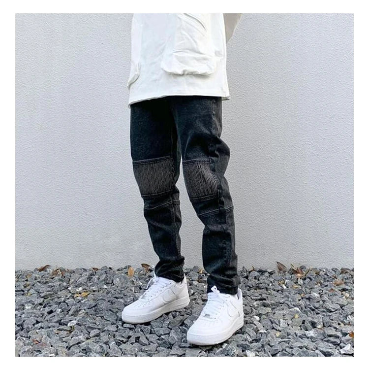 high street white knee pleated vertical stripe elastic fit skinny jeans male casual small leg jeans pants slim mens clothing unique jeans style 3670