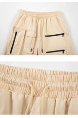 Retro Fashion Vibe Summer Cargo Shorts Functional Pockets Press Glue Zipper Straight Shorts Baggy Casual Split Knee-length