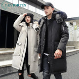 Korean Style Winter Long Parka Coat Men Woman Down Jacket Clothing Hooded Fur Collar Thicken Warm Leisure Lovers Overcoat