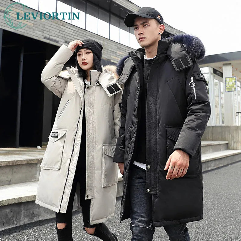 Korean Style Winter Long Parka Coat Men Woman Down Jacket Clothing Hooded Fur Collar Thicken Warm Leisure Lovers Overcoat