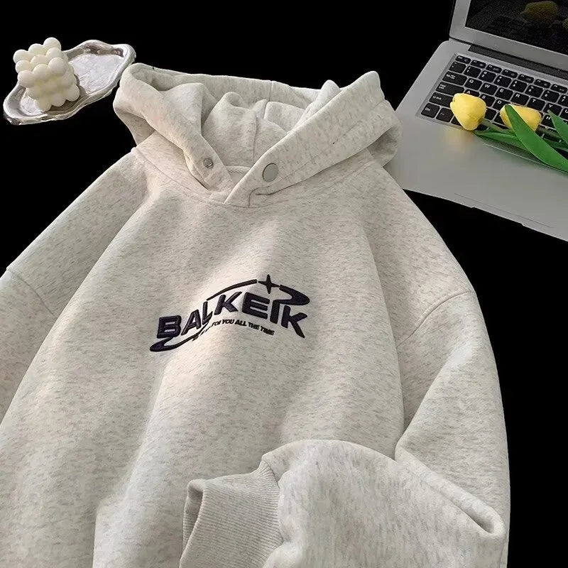 Casual Cotton Street Sweater – Winter Letter Embroidered Baggy Hoodies For Men Y2K Vintage Streetwear Hooded Sweatshirt Hip Hop Fashion Fleece Pullover Hoody | Zip Knit Drop #194