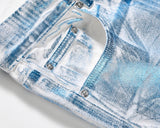 european and american retro blue reflective wax printing jeans pants slim splashing ink cleanfit couple straight leg jeans male unique jeans style 1116