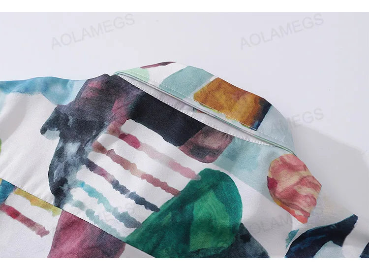 High Street Abstract Colorblock Painting Hawaiian Shirts for Men Autumn Trendy Lapel Single Breasted Long Sleeve Shirt Oversized
