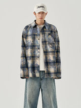 Y2k Tribal flames – Autumn Mens Ink Tie Dye Plaid Long Sleeve Shirt Korean Fashion