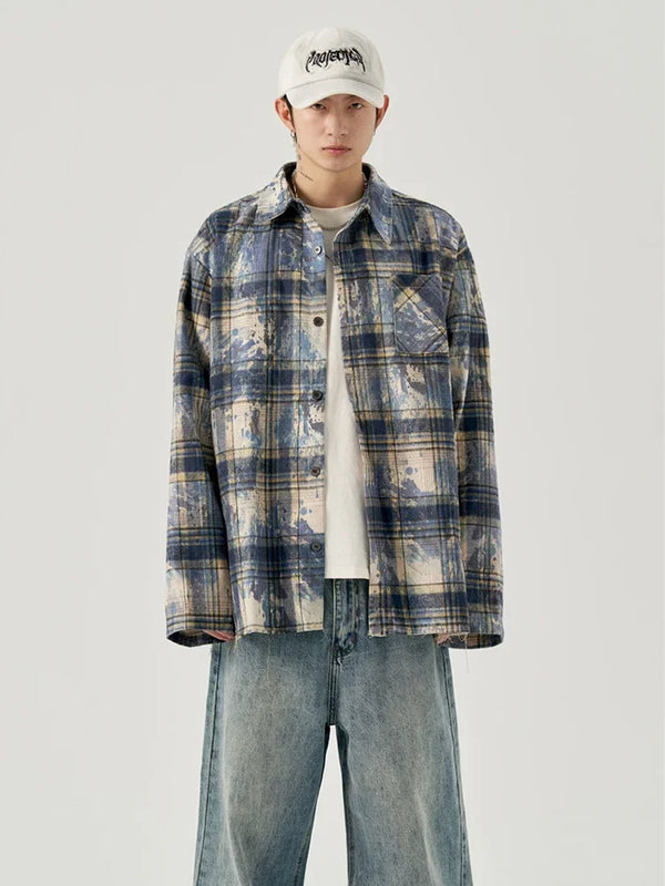 Y2k Tribal flames – Autumn Mens Ink Tie Dye Plaid Long Sleeve Shirt Korean Fashion