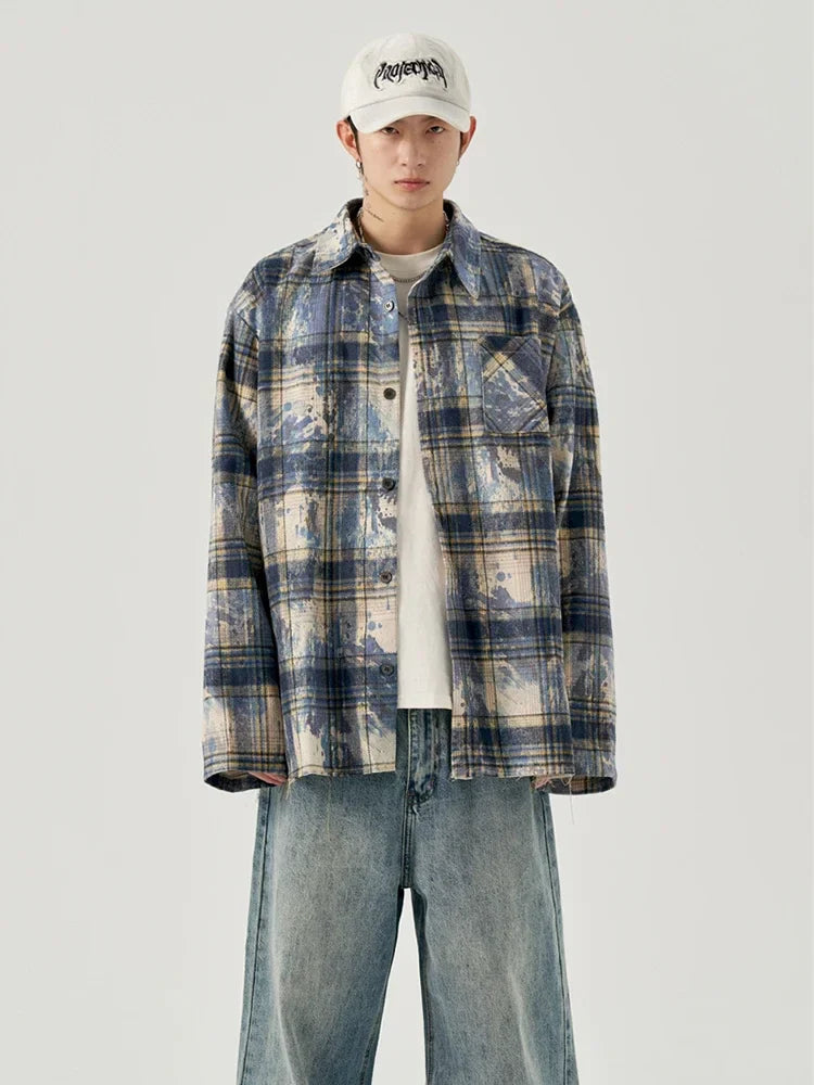 Y2k Tribal flames – Autumn Mens Ink Tie Dye Plaid Long Sleeve Shirt Korean Fashion