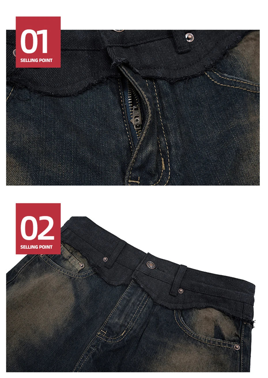 men vintage blue jeans luxury designer patchwork baggy denim pants loose straight jeans trousers unique jeans style 4664