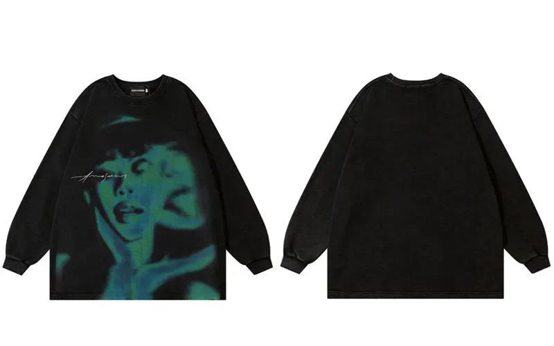 Vintage Ripped Sweatshirt Hip Hop Shadow Graphic Print Punk Goth Hoodi