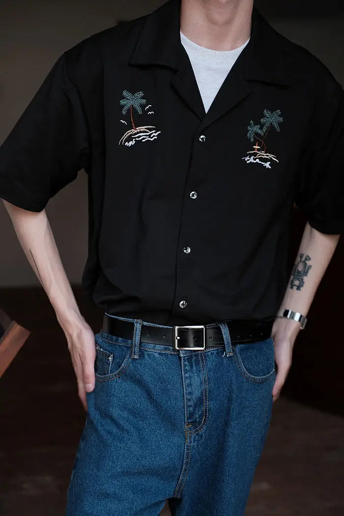 Summer Japanese loose shirt men s coconut tree national trend uban collar ins beach shirt retro trendy brand top shirts for men