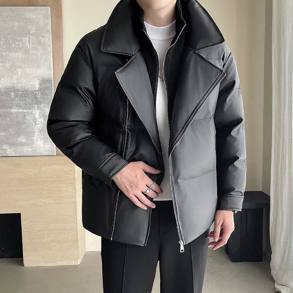 Winter Splice Collar Cotton-padded Leather Jacket Men Streetwear Fashion Loose Casual Thicken Warm Leather Parkas Coat Jacket