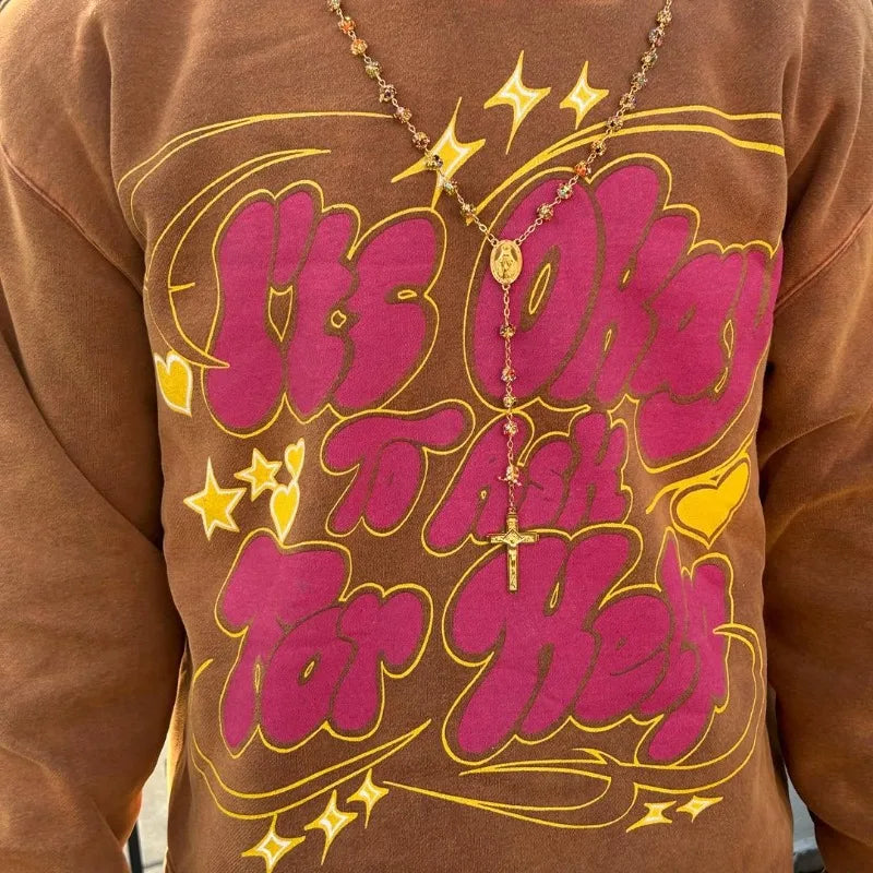 Gothic Punk Fashion Letter Print Pullover Men Y2K Harajuku Retro Hip H