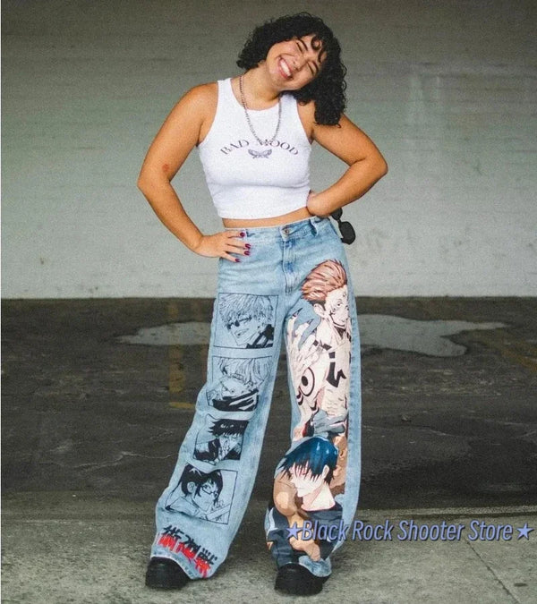 y2k baggy jeans harajuku print pattern streetwear fashion hip hop men women high waisted casual wide leg jeans anime clothes stacked flare jeans