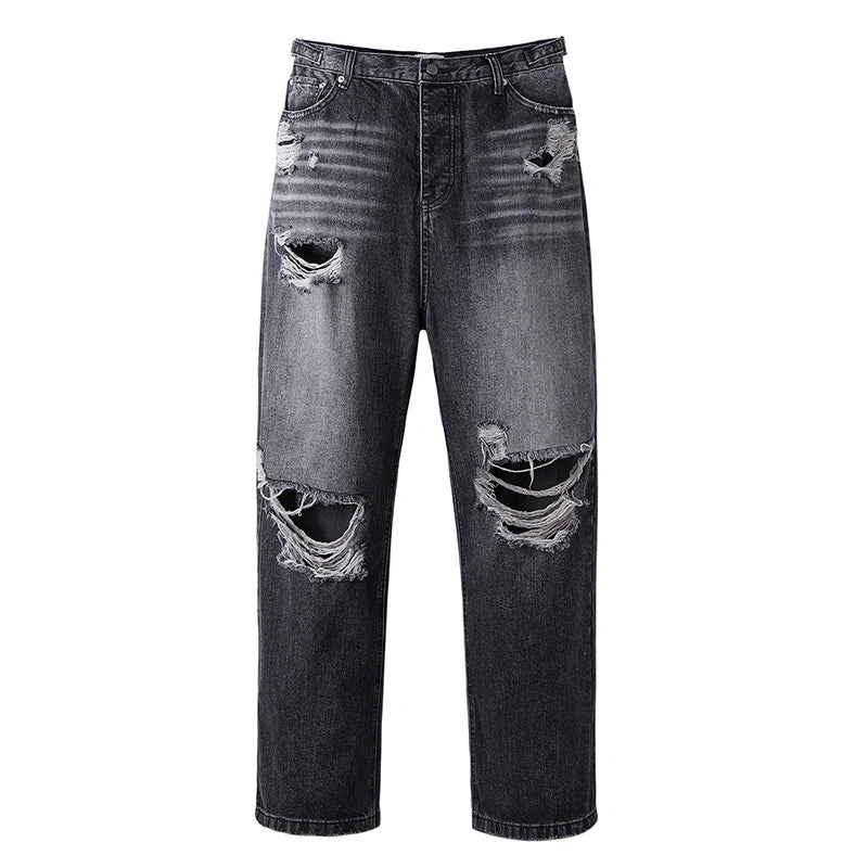 baggy damaged heavy industry washed jeans pants vibe loose casual silhouette straight worn pants knee ripped denim trousers unique jeans style 1181