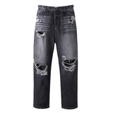 baggy damaged heavy industry washed jeans pants vibe loose casual silhouette straight worn pants knee ripped denim trousers unique jeans style 1181