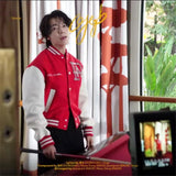 Bold Graphic Varsity Coat with Leather Sleeves – Retro Style