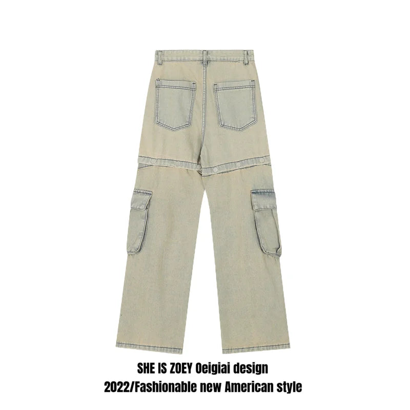 american retro buttons detachable design wide cargo jeans mens womens straight leg pants hip hop washed jeans overall 2023 unique cargo style 911