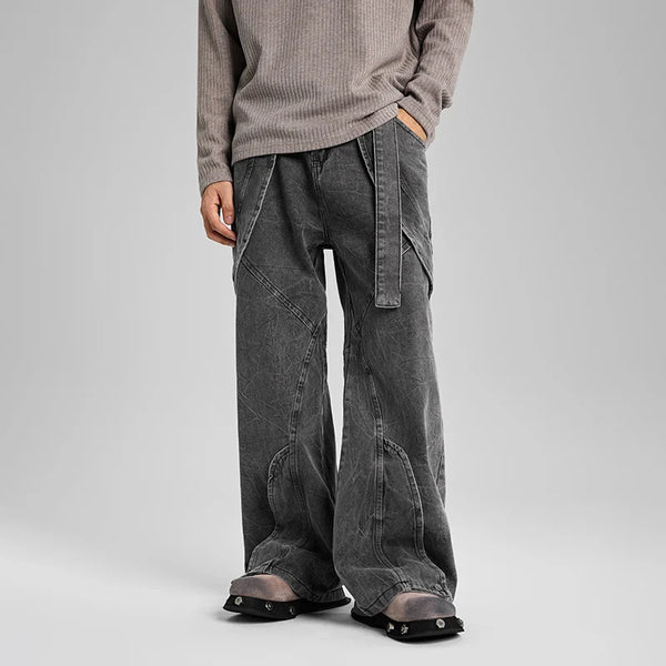 american high street vibe fashion splice jeans mens belt loose casual vintage wide leg straight denim baggy jeans pants trouser denim street jeans