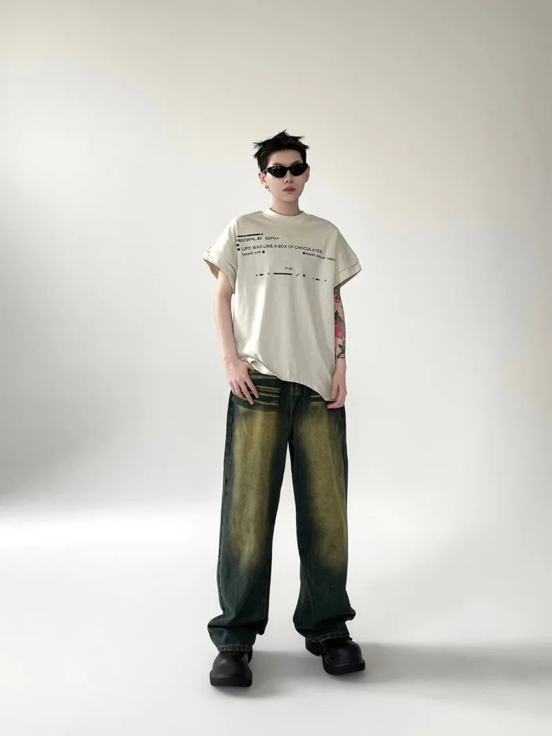 new summer street fashion set mens cotton retro letter printed t shirt halo dyed washed jeans suits male hip hop 2 pcs 2024 unique jeans style 4708