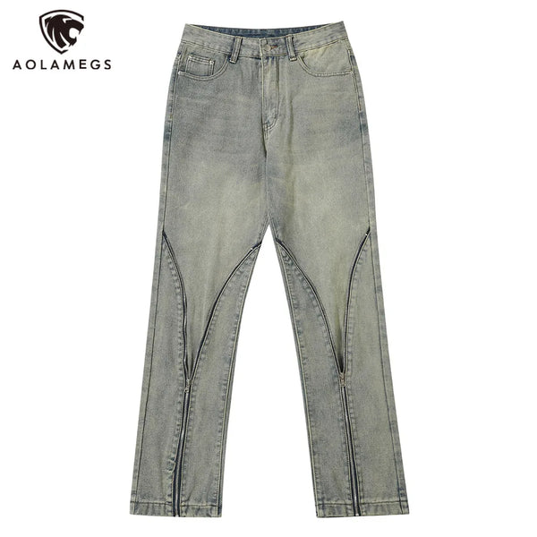 streetwear mens zipper jeans solid color patchwork straight jeans summer casual hip hop denim pants high street loose trousers stacked flare jeans
