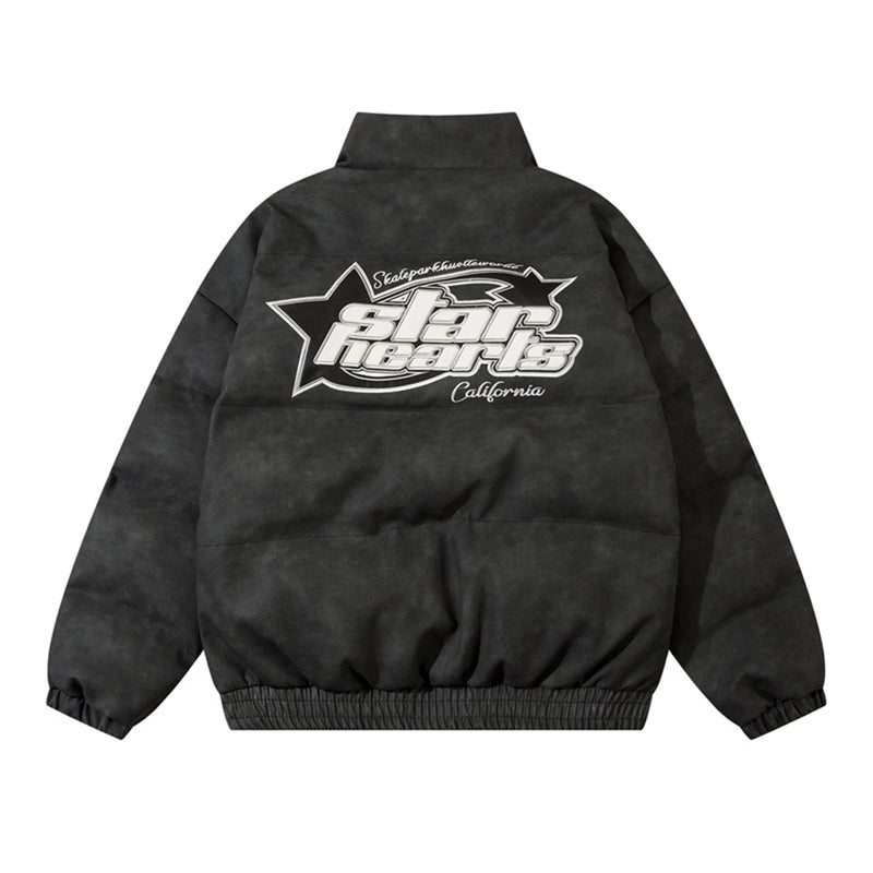 Men PU Leather Warm Jacket Winter Vintage Waterproof Parkas Embroidery Letter Thick Padded Coat Streetwear Hip Hop Loose Parka