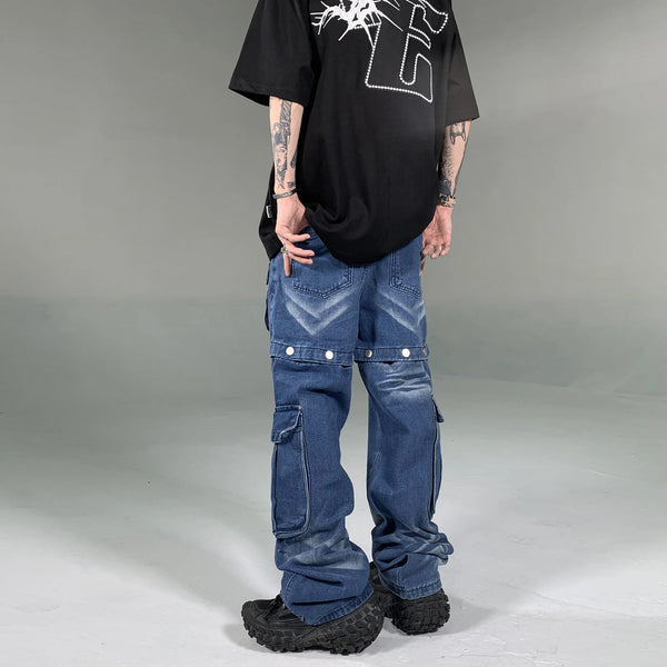 american retro buttons detachable design wide cargo jeans mens womens straight leg pants hip hop washed jeans overall 2023 military streetwear pants