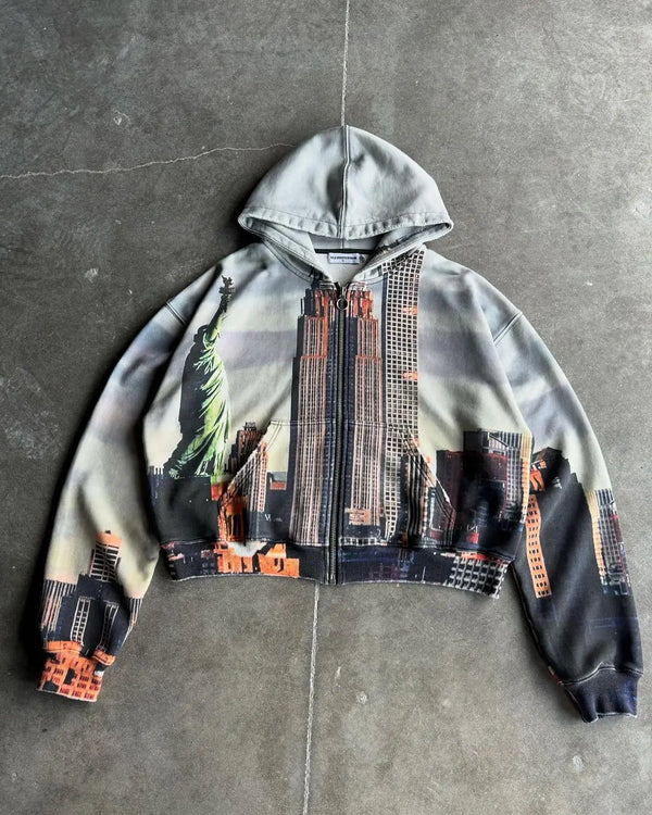 Y2K Retro Harajuku Statue Of Liberty Pattern Hoodie Fashion Casual Lon
