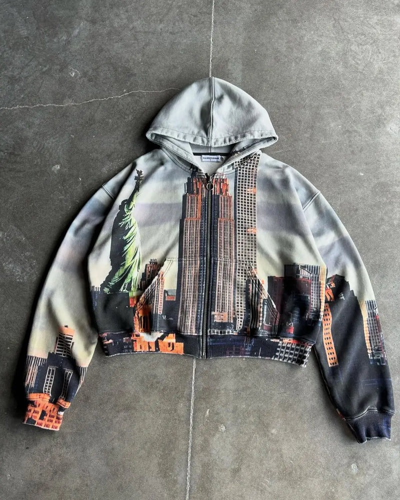 Y2K Retro Harajuku Statue Of Liberty Pattern Hoodie Fashion Casual Lon
