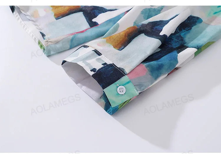 High Street Abstract Colorblock Painting Hawaiian Shirts for Men Autumn Trendy Shirt Oversized