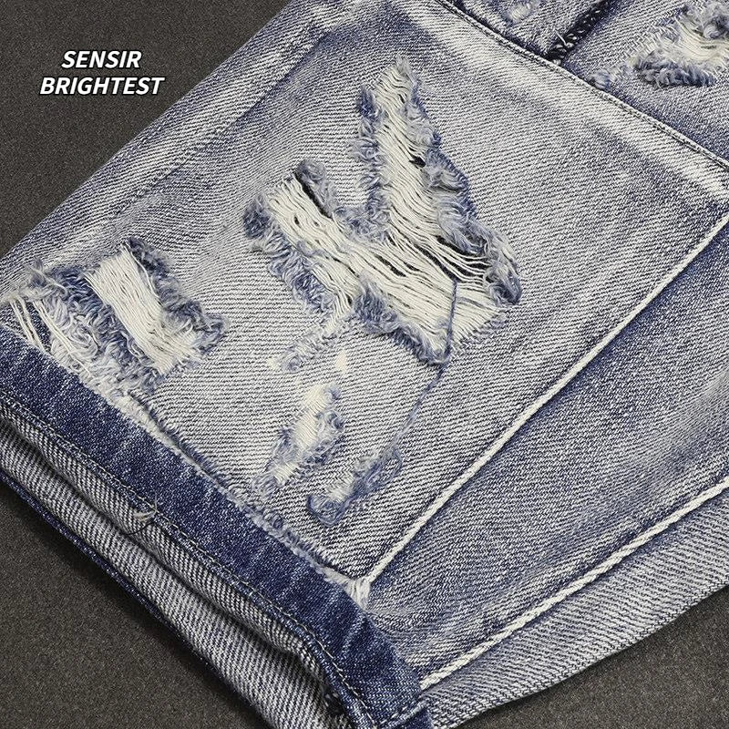 Light Blue Ripped Summer Denim Shorts Street Heavy Washed Destroyed Shorts Men