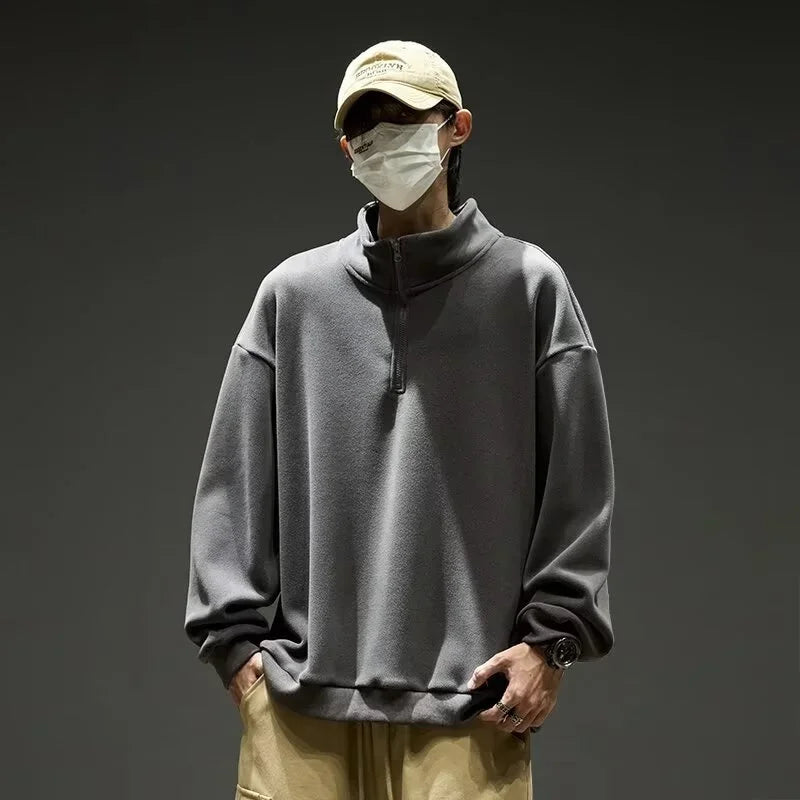 Mens Polar Fleece Half Zip Turtleneck Sweatshirts Korean Fashion Loose