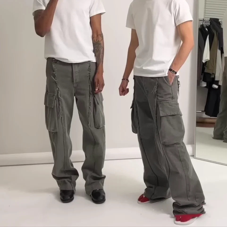 y2k streetwear tassel multi pocket jeans for men straight solid baggy cargo pants pantalones hombre casual denim trousers 1 unique cargo style 495