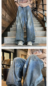 american style dirty and torn hole design straight leg wide leg jeans for men and women high street loose street casual pants unique jeans style 659