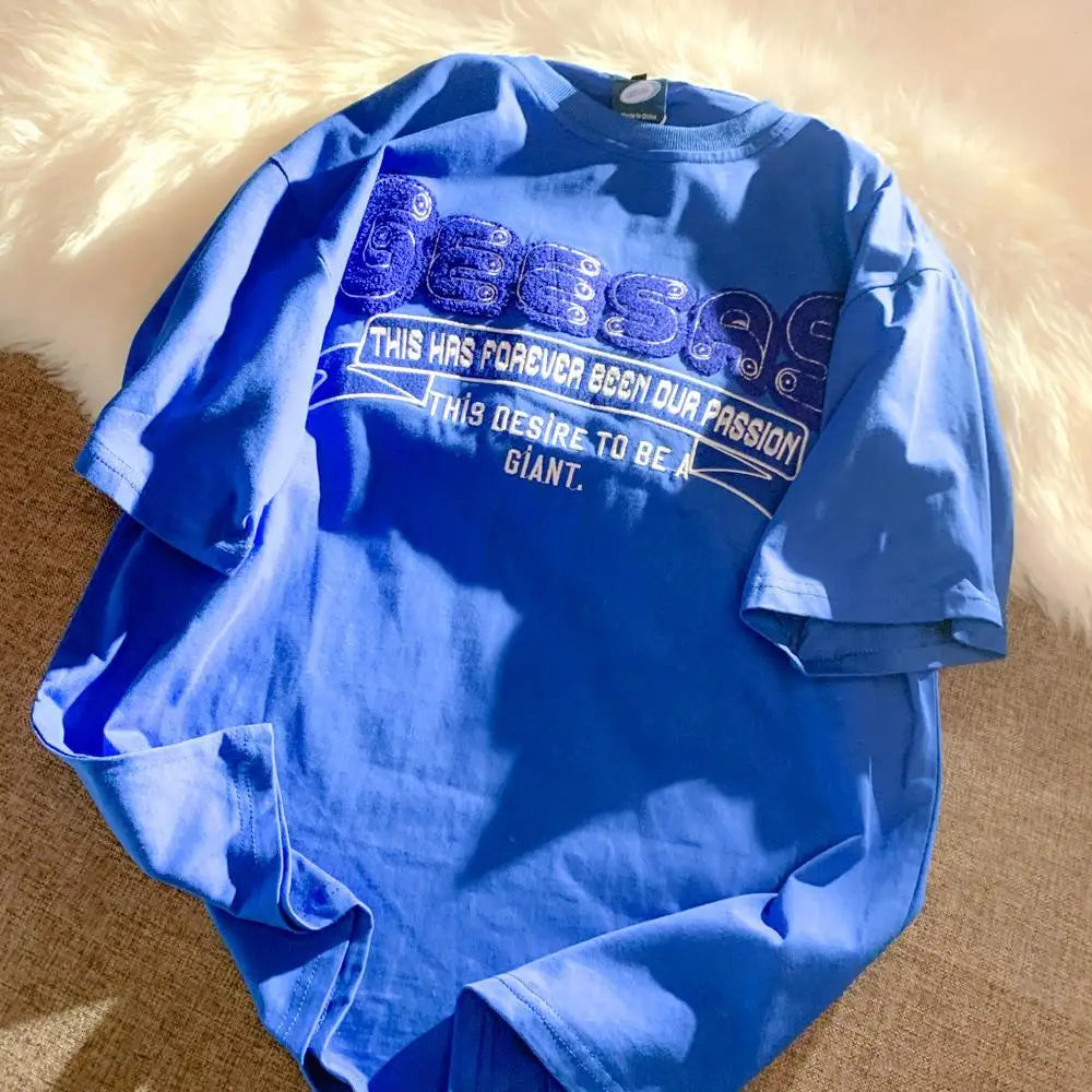 Harajuku Oversized Shirt – Retro Klein Blue Flocking Embroidery T Shirts Fashion Preppy – Modern Streetwear for Everyone